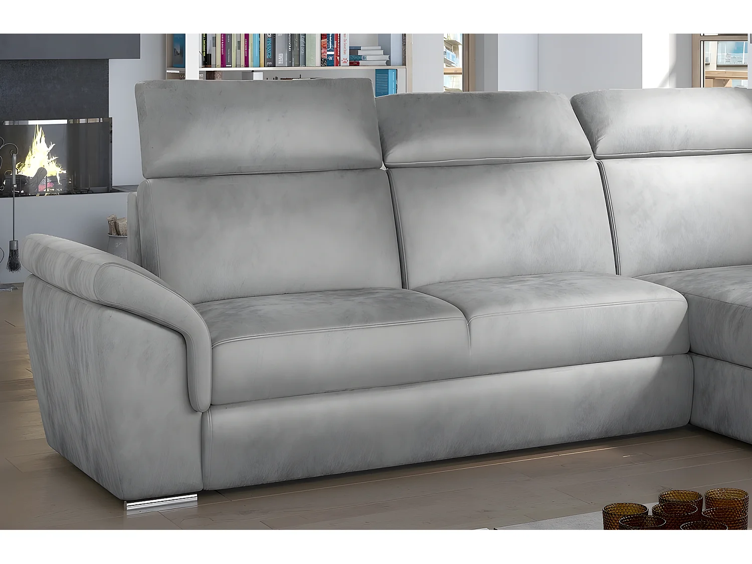 Canapé d'angle convertible en tissu velours Prestige, gris, 5 places, angle droit (vu de face) , TRESOR