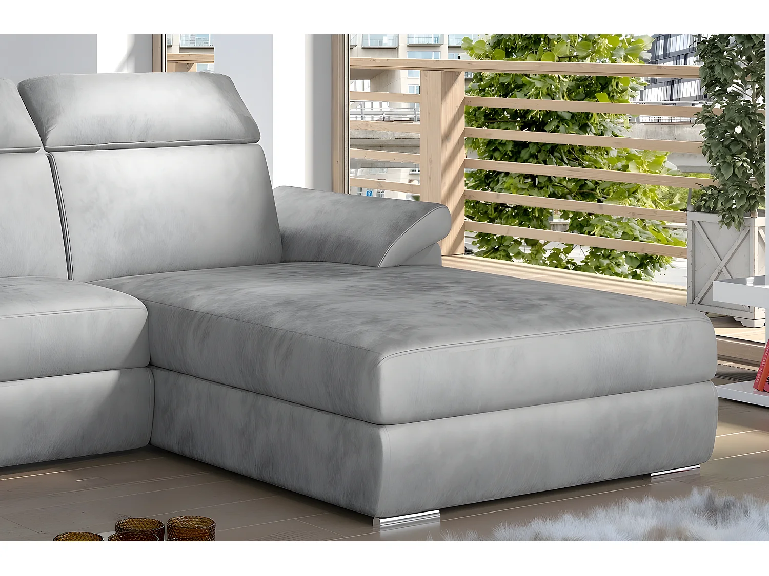 Canapé d'angle convertible en tissu velours Prestige, gris, 5 places, angle droit (vu de face) , TRESOR