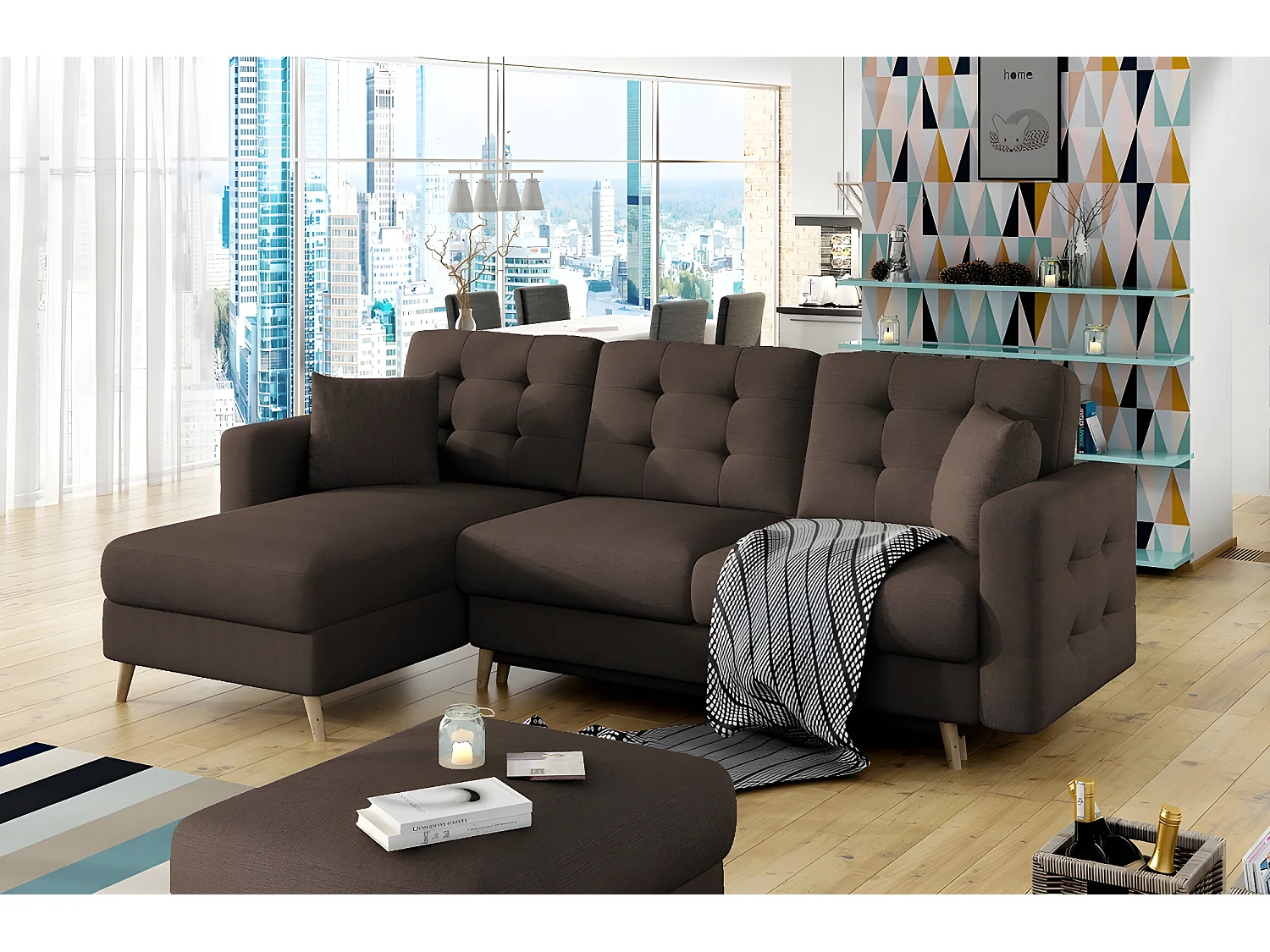 Canapé d'angle convertible ASSIA - en tissu de qualité 5 places, marron foncé, angle gauche (vu de face)