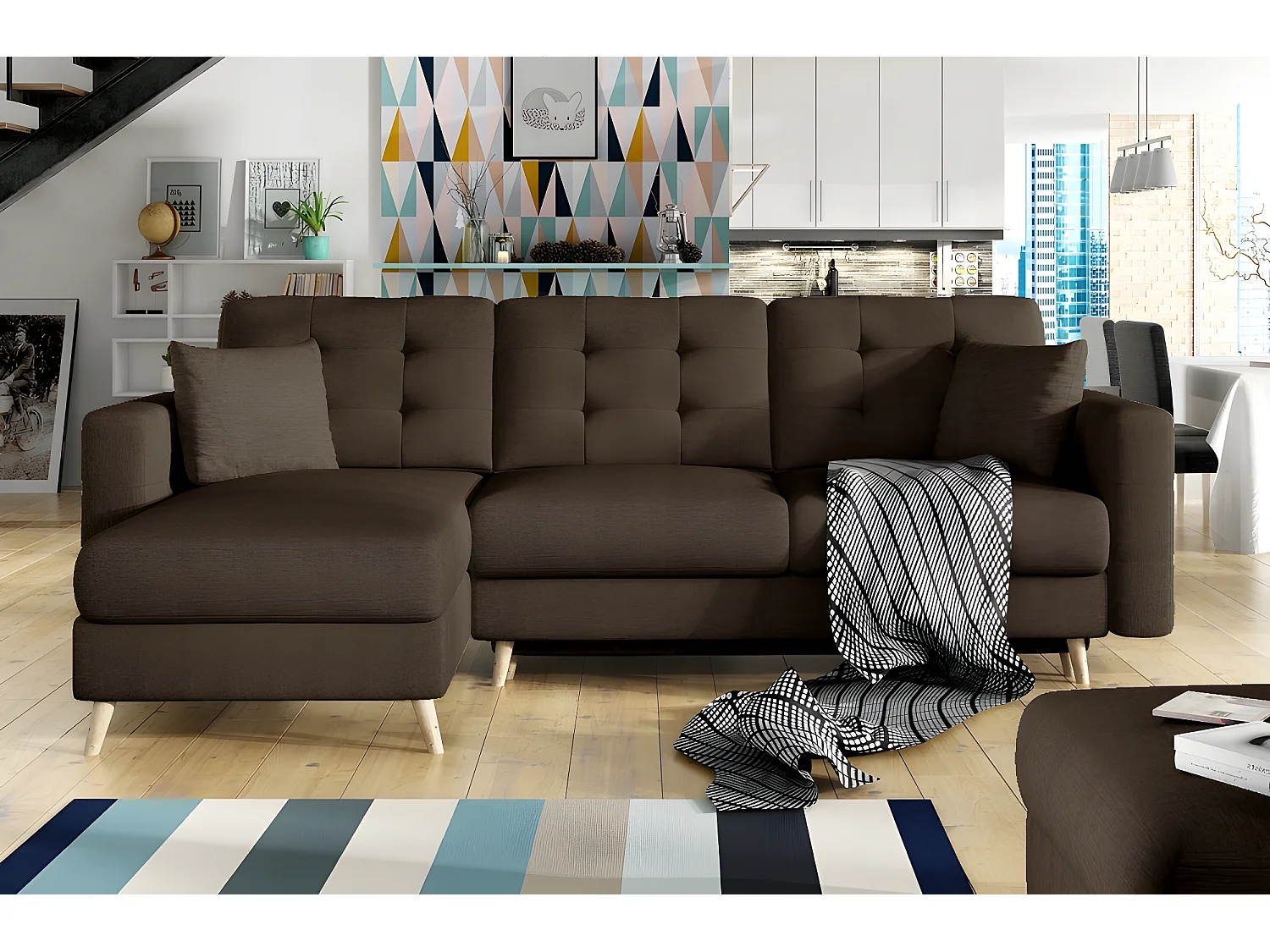 Canapé d'angle convertible ASSIA - en tissu de qualité 5 places, marron foncé, angle gauche (vu de face)