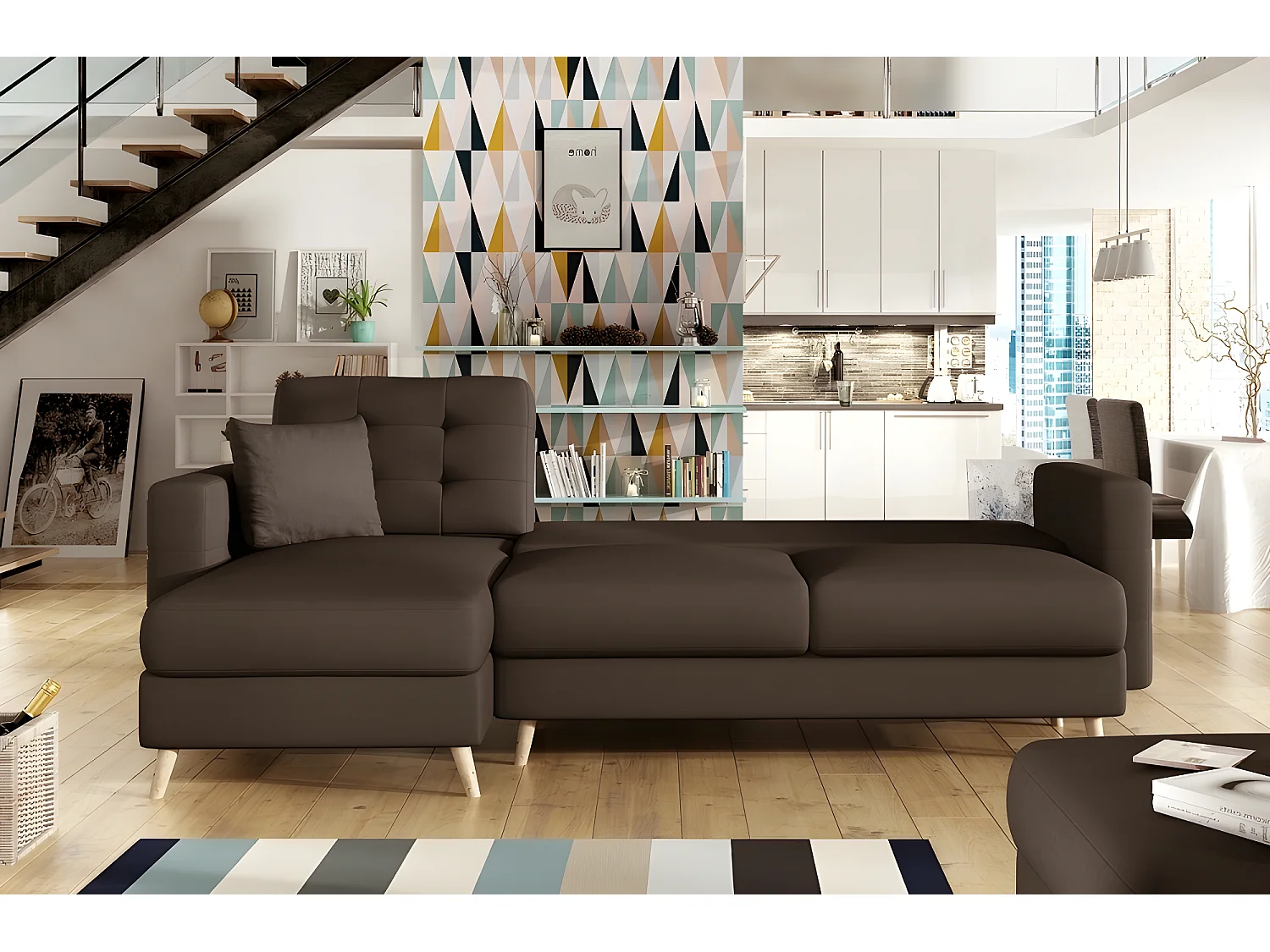 Canapé d'angle convertible ASSIA - en tissu de qualité 5 places, marron foncé, angle gauche (vu de face)