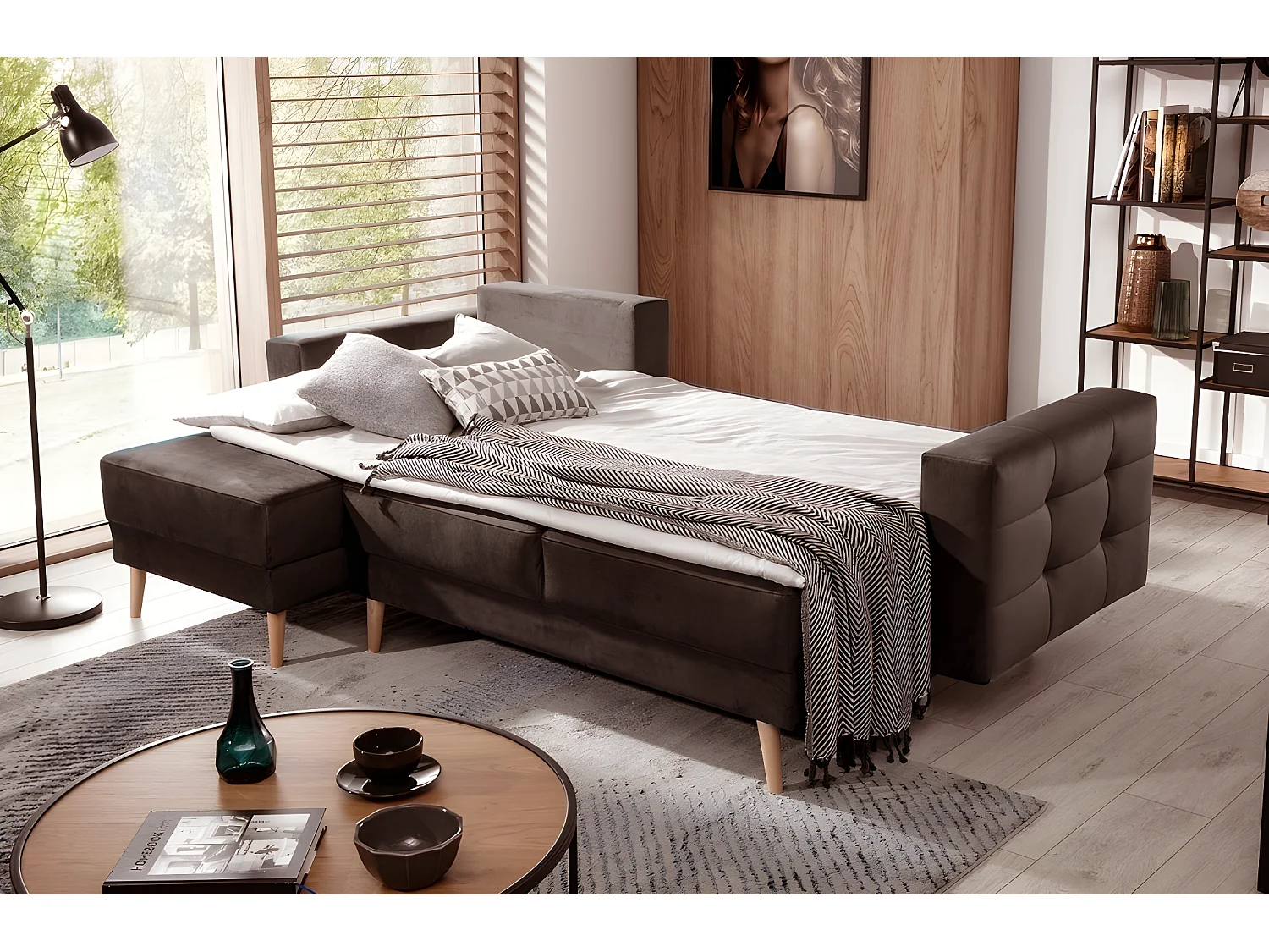 Canapé d'angle convertible ASSIA - en tissu de qualité 5 places, marron foncé, angle gauche (vu de face)