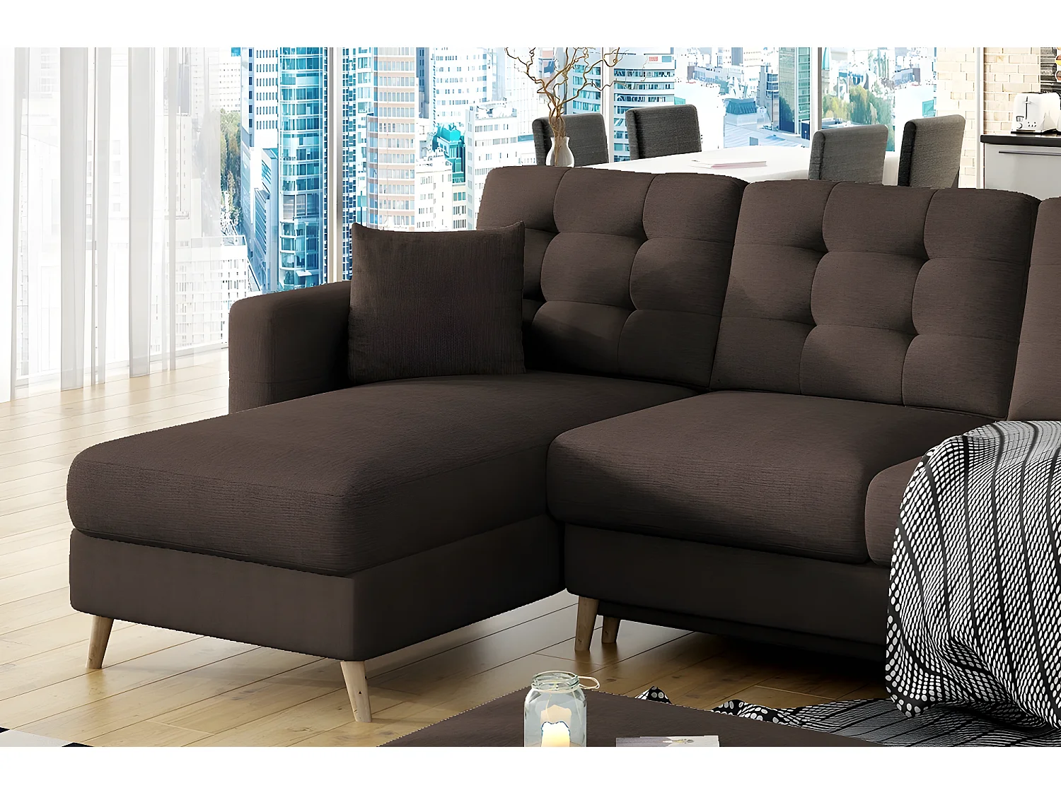 Hoekbank van hoogwaardige ASSIA-stof, donkerbruin, 5 plaatsen, om te bouwen