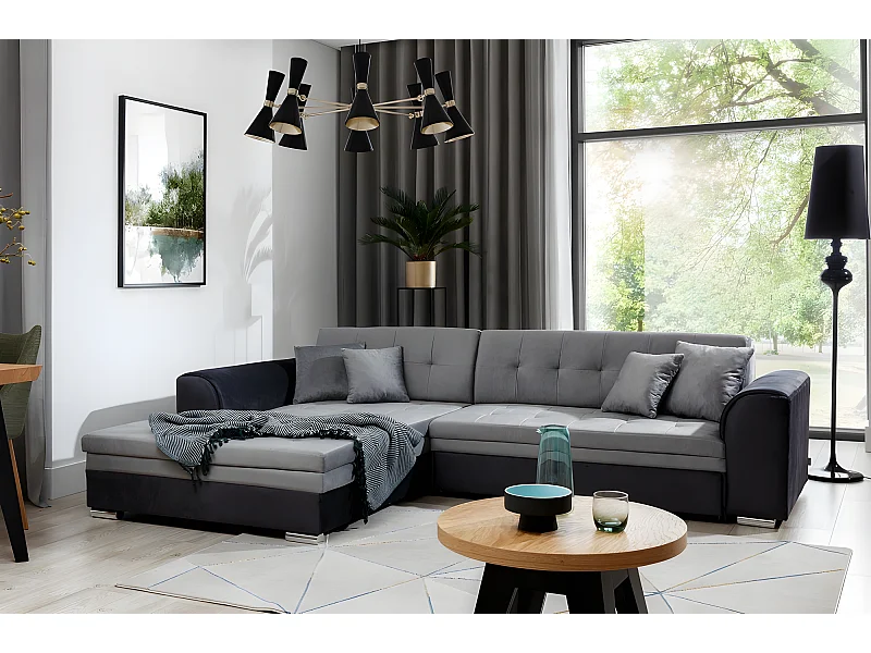 Hoekslaapbank om te bouwen in luxe grijze en zwarte fluwelen stof, 5 zitplaatsen, SOHO VELOURS