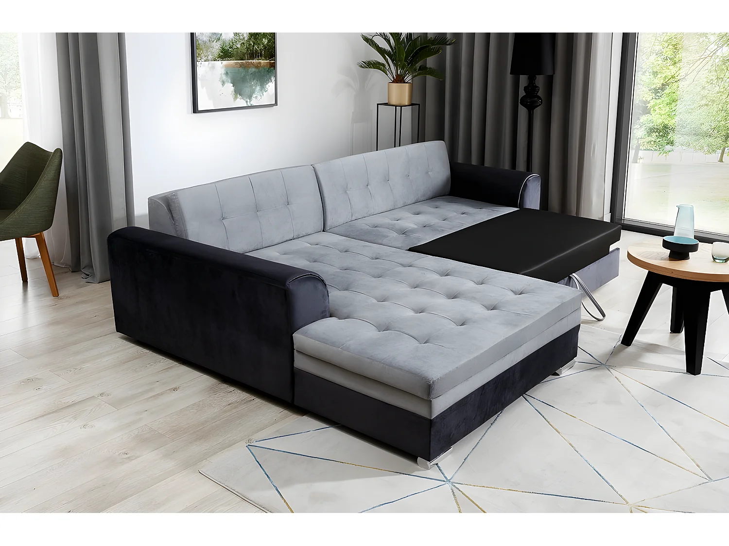 Canapé d'angle convertible en tissu velours gris et noir Luxe, 5 places, angle gauche (vu de face), SOHO VELOURS