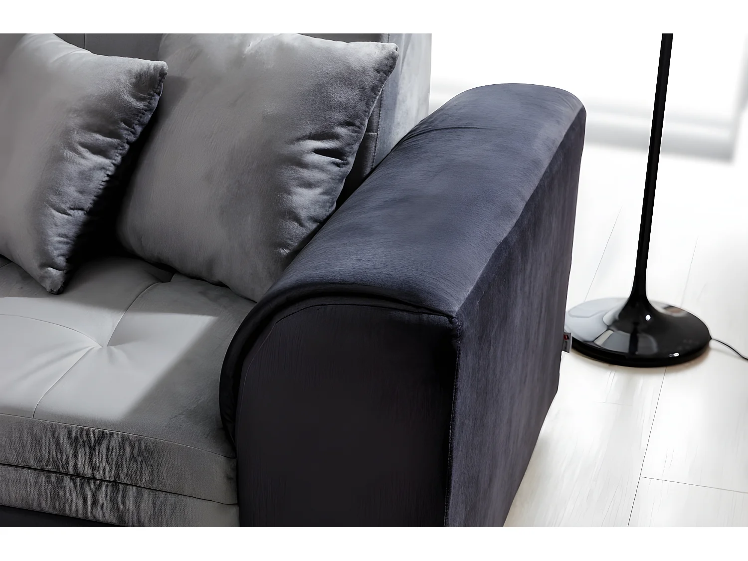 Canapé d'angle convertible en tissu velours gris et noir Luxe, 5 places, angle gauche (vu de face), SOHO VELOURS