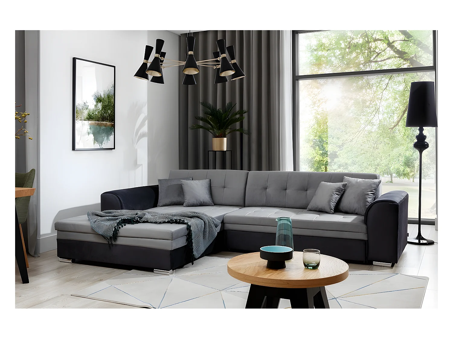 Canapé d'angle convertible en tissu velours gris et noir Luxe, 5 places, angle gauche (vu de face), SOHO VELOURS