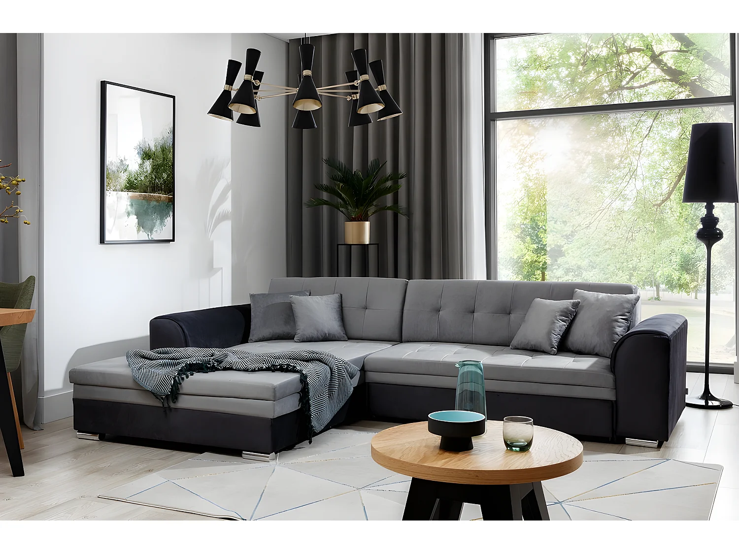 Canapé d'angle convertible en tissu velours gris et noir Luxe, 5 places, angle gauche (vu de face), SOHO VELOURS