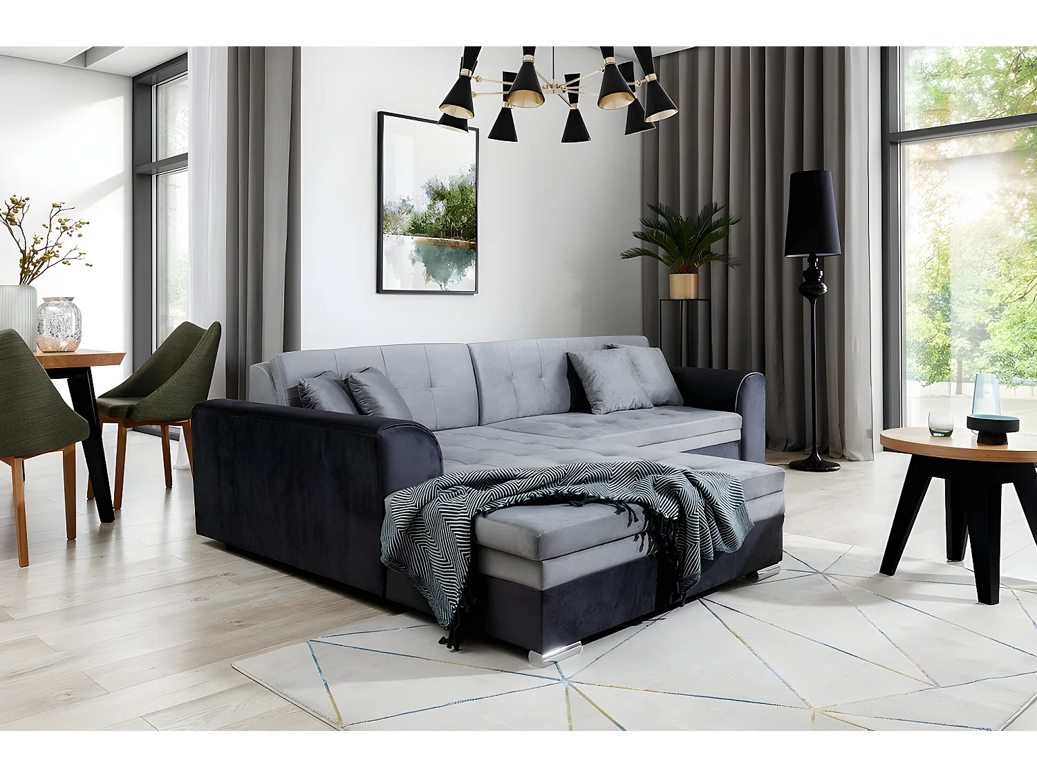 Canapé d'angle convertible en tissu velours gris et noir Luxe, 5 places, angle gauche (vu de face), SOHO VELOURS