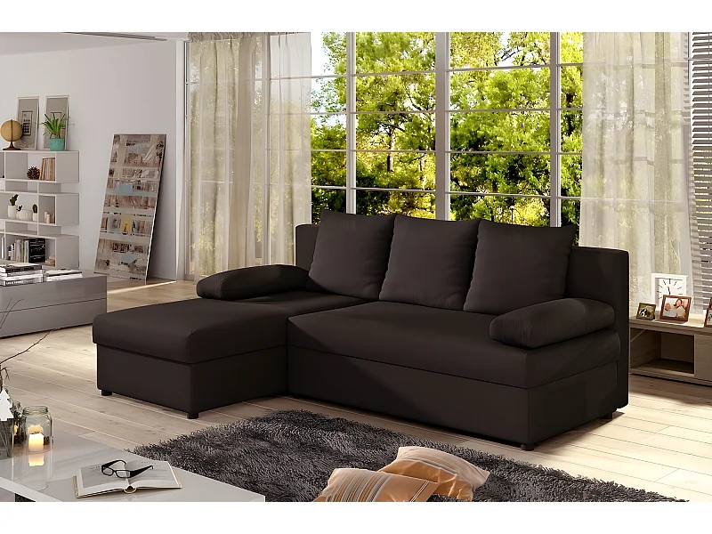 Canapé d'angle convertible - GILO - en tissu luxe 3/4 places, chocolat, angle gauche (vu de face)