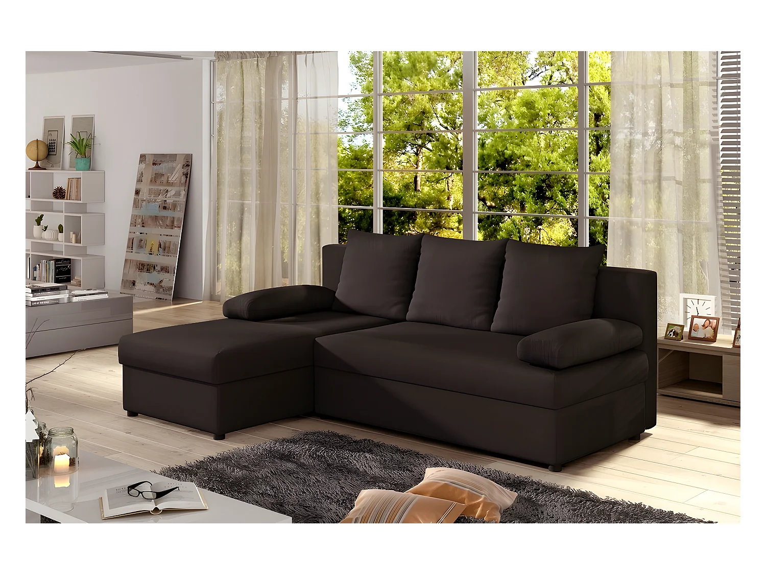 Canapé d'angle convertible - GILO - en tissu luxe 3/4 places, chocolat, angle gauche (vu de face)