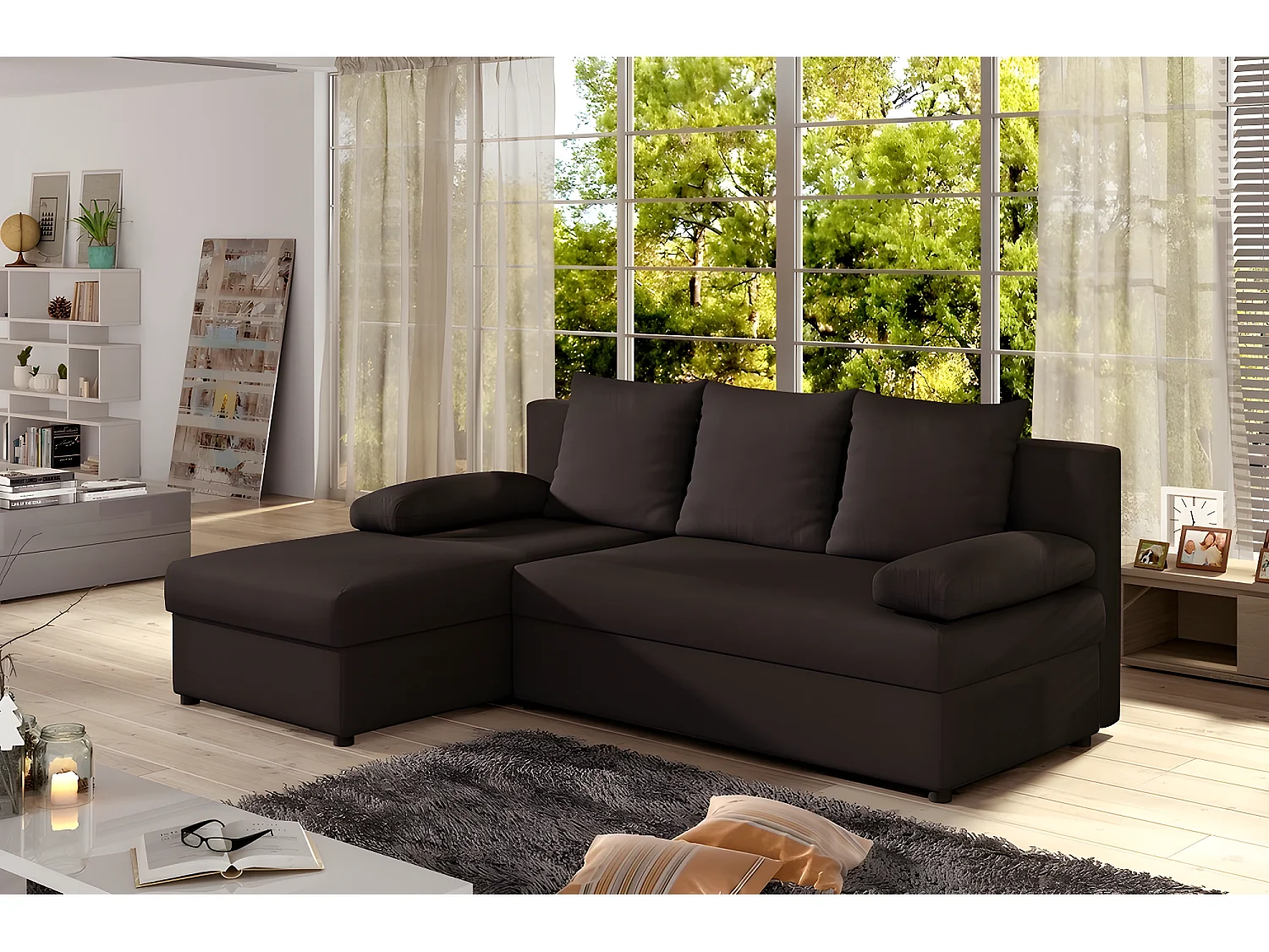 Canapé d'angle convertible - GILO - en tissu luxe 3/4 places, chocolat, angle gauche (vu de face)