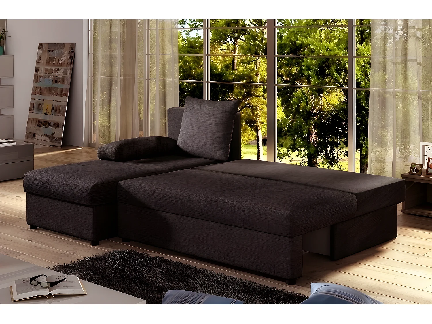 Canapé d'angle convertible - GILO - en tissu luxe 3/4 places, chocolat, angle gauche (vu de face)