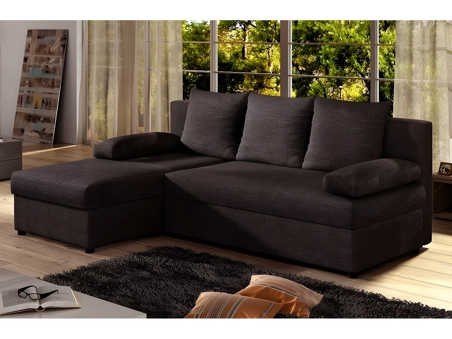 Canapé d'angle convertible - GILO - en tissu luxe 3/4 places, chocolat, angle gauche (vu de face)