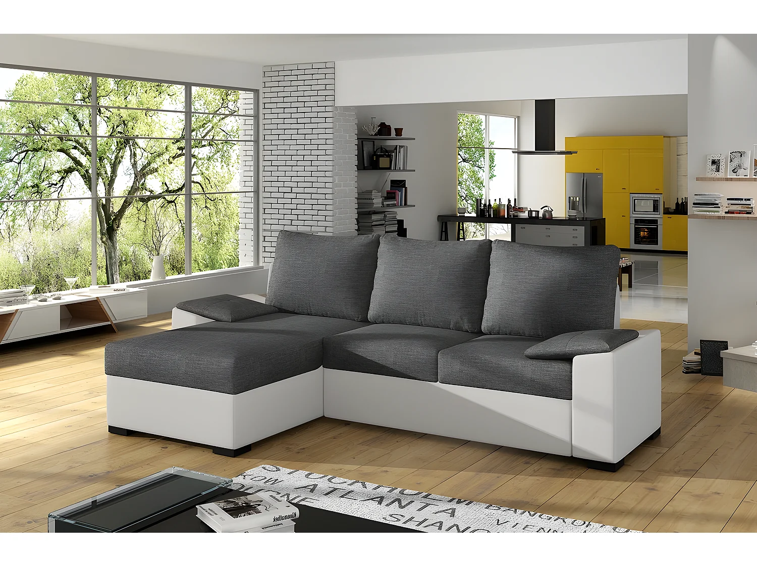 Canapé d'angle convertible - en tissu gris et simili blanc, angle gauche (vu de face) - LUCAS