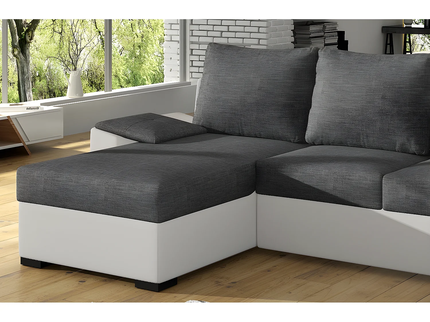 Canapé d'angle convertible - en tissu gris et simili blanc, angle gauche (vu de face) - LUCAS