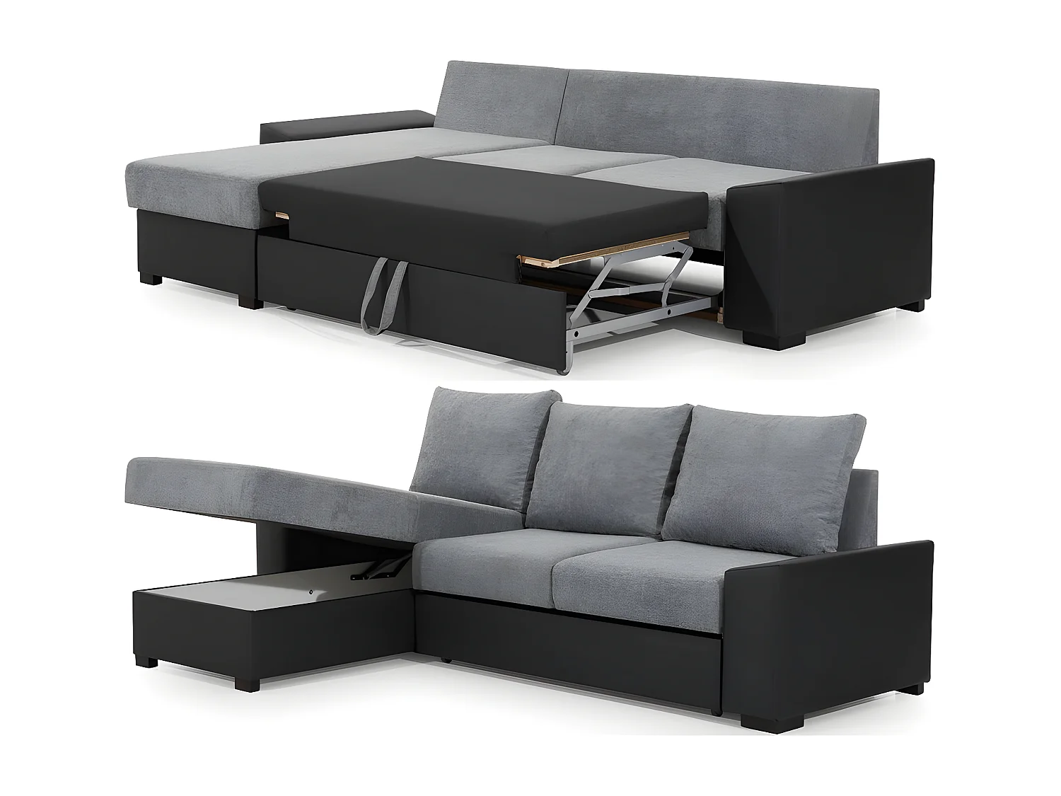 Canapé d'angle convertible - en tissu gris et simili blanc, angle gauche (vu de face) - LUCAS