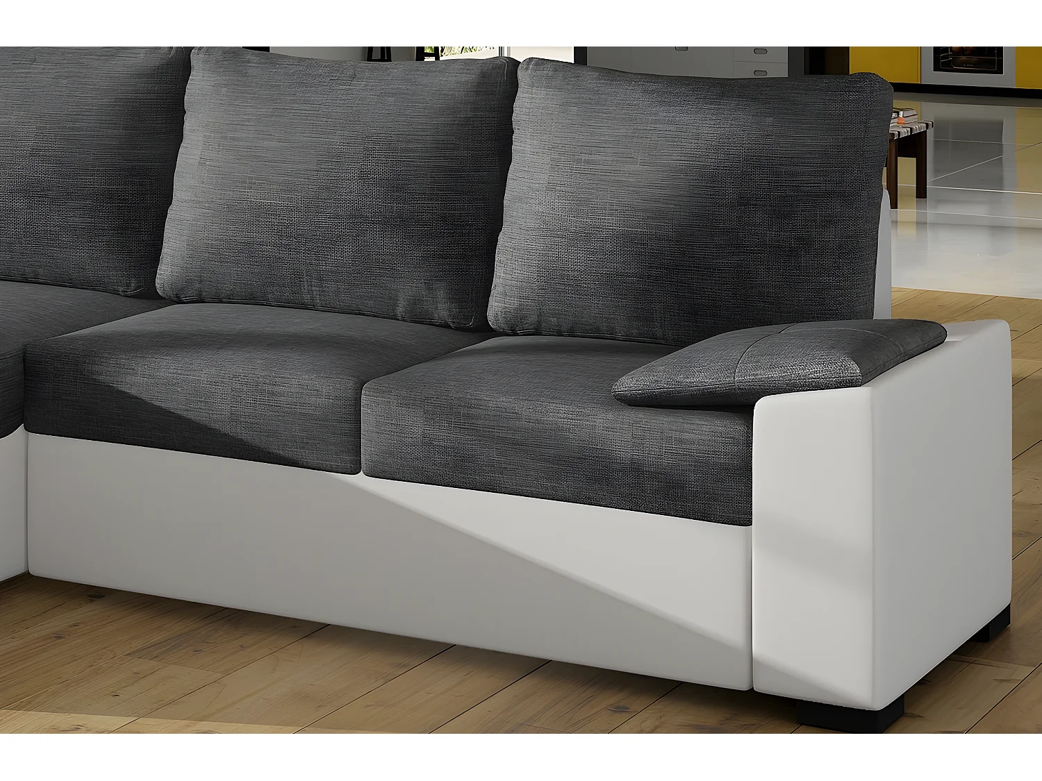 Canapé d'angle convertible - en tissu gris et simili blanc, angle gauche (vu de face) - LUCAS