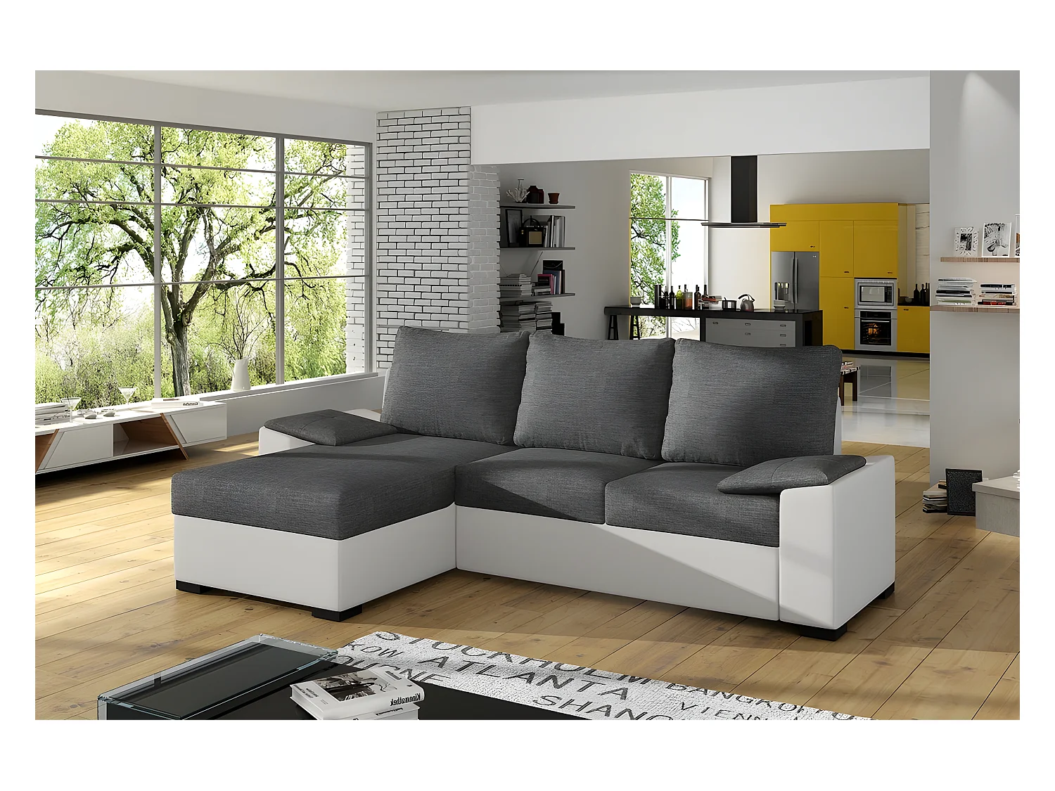 Canapé d'angle convertible - en tissu gris et simili blanc, angle gauche (vu de face) - LUCAS