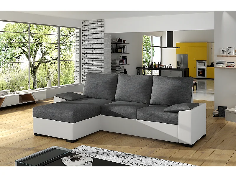 Canapé d'angle convertible - en tissu gris et simili blanc, angle gauche (vu de face) - LUCAS