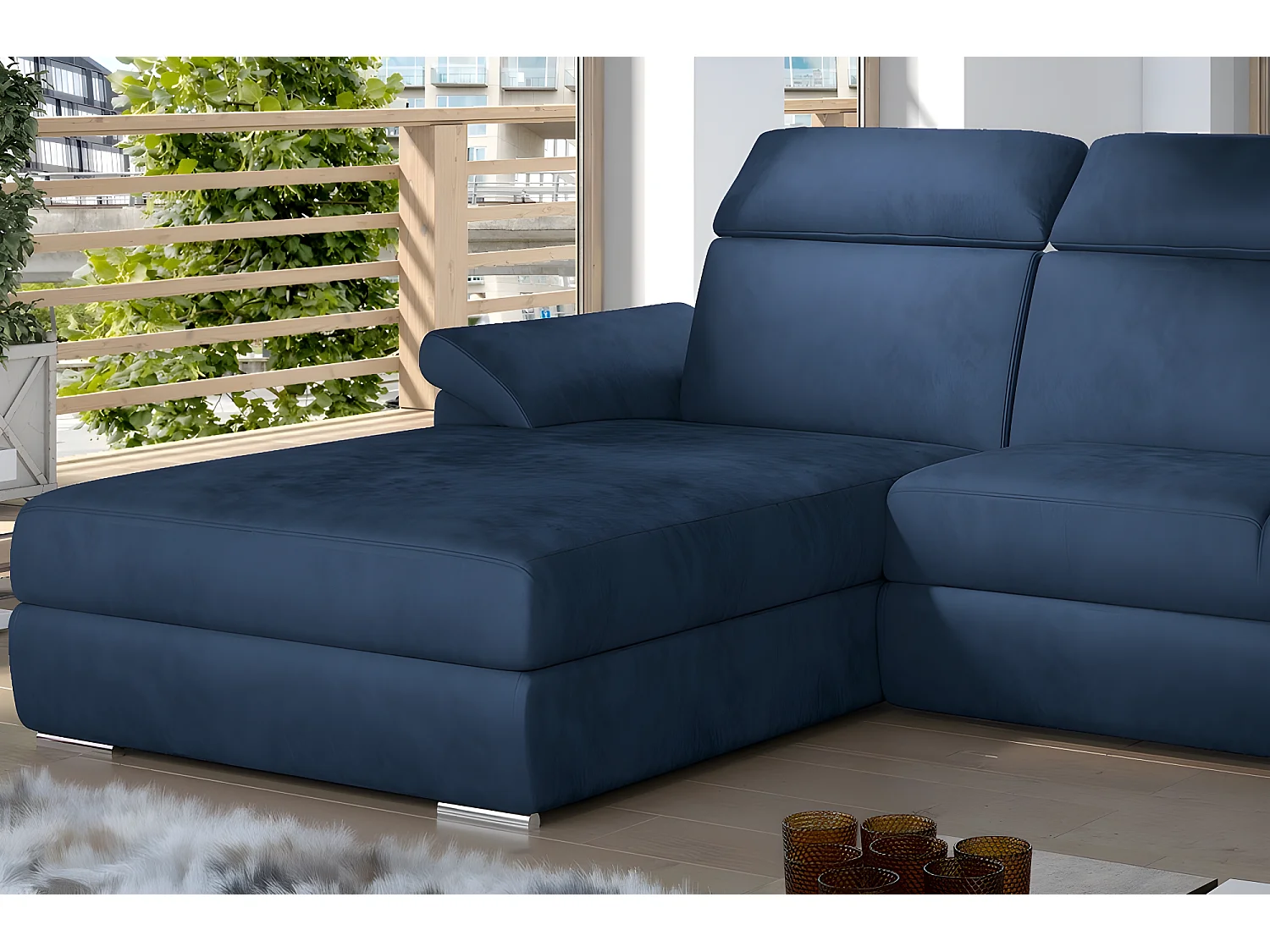 Canapé d'angle convertible en tissu velours Prestige, bleu, 5 places, angle gauche (vu de face) - TRESOR