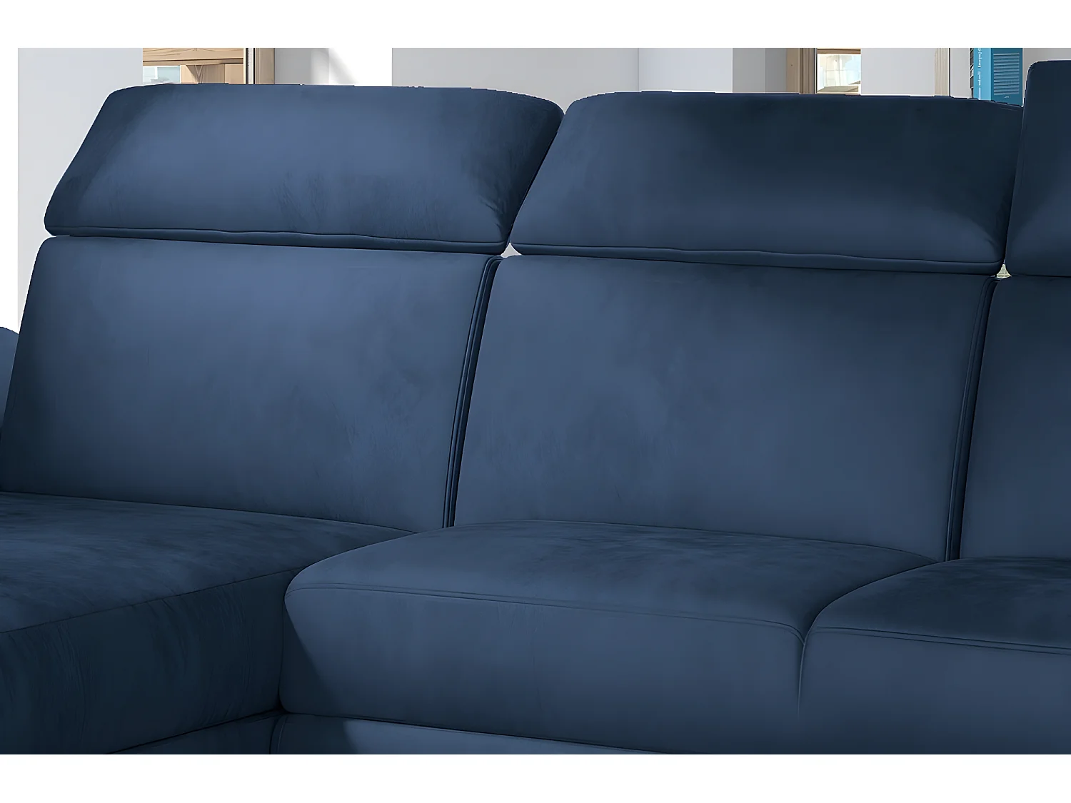 Canapé d'angle convertible en tissu velours Prestige, bleu, 5 places, angle gauche (vu de face) - TRESOR