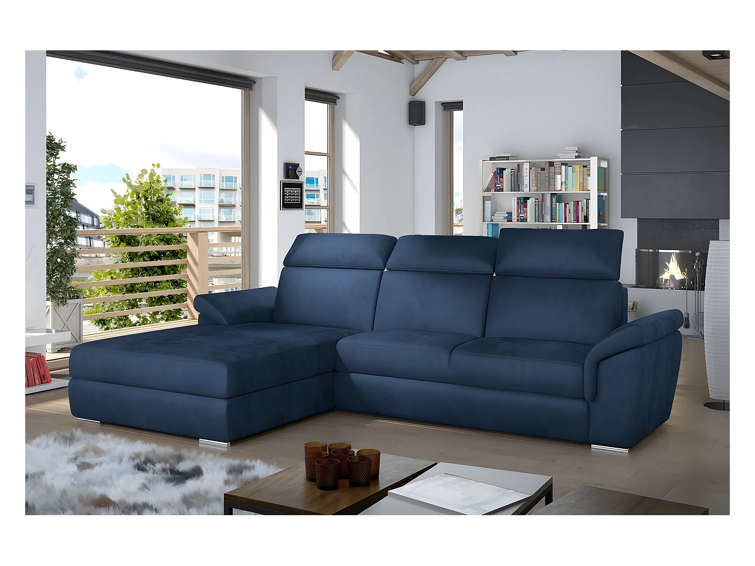 Canapé d'angle convertible en tissu velours Prestige, bleu, 5 places, angle gauche (vu de face) - TRESOR