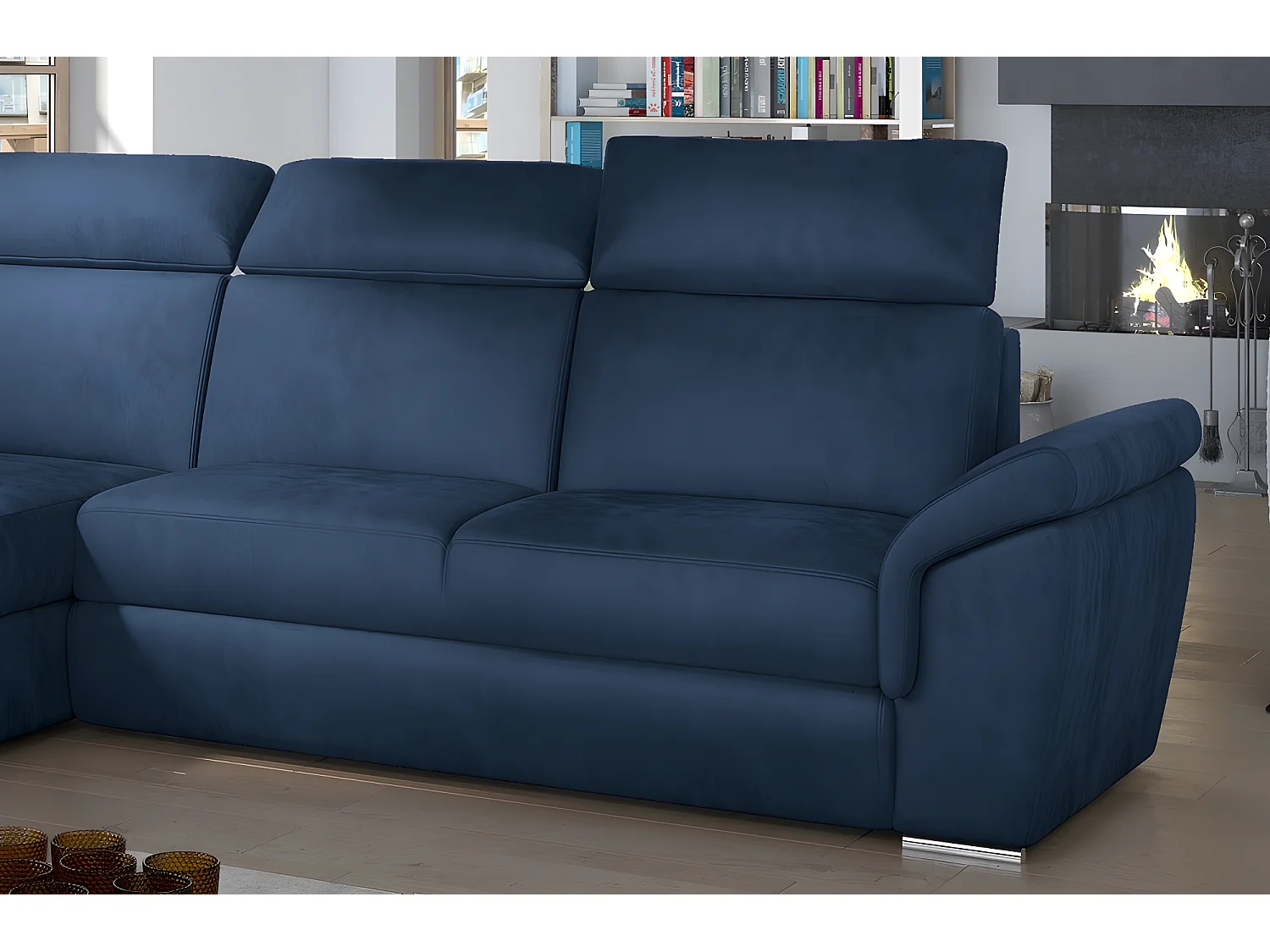 Canapé d'angle convertible en tissu velours Prestige, bleu, 5 places, angle gauche (vu de face) - TRESOR