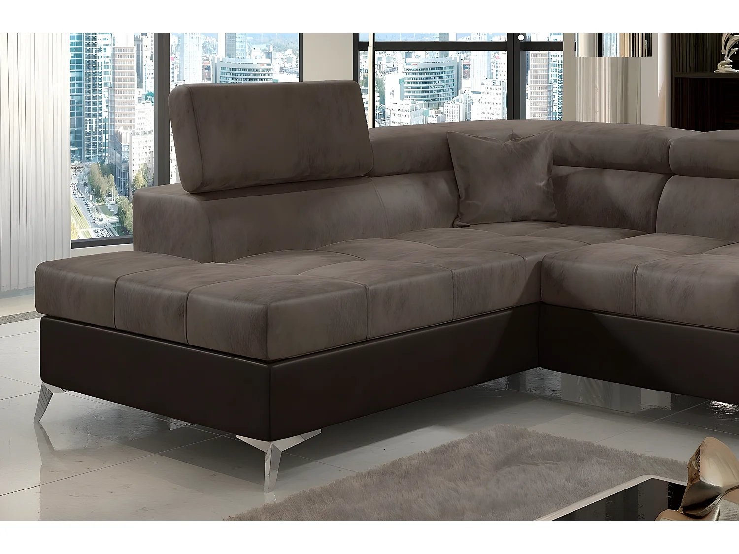 Canapé d'angle - convertible - ERIKA - en tissu luxe 5 places, marron et chocolat, angle gauche (vu de face)