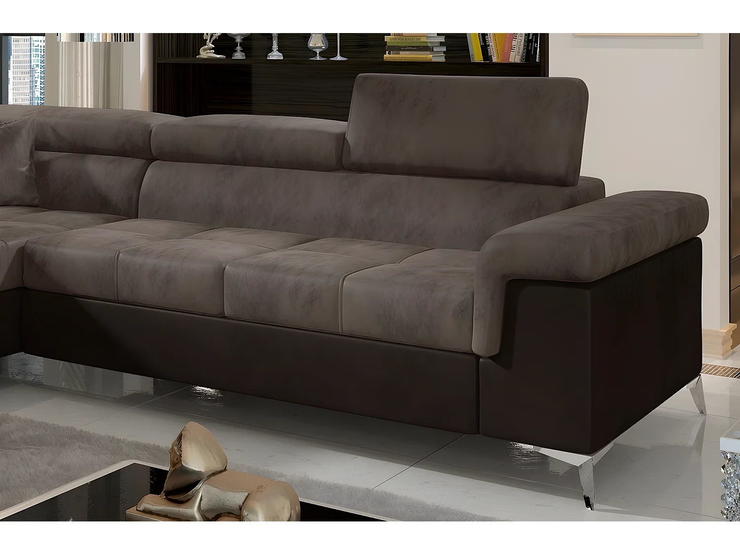 Canapé d'angle - convertible - ERIKA - en tissu luxe 5 places, marron et chocolat, angle gauche (vu de face)