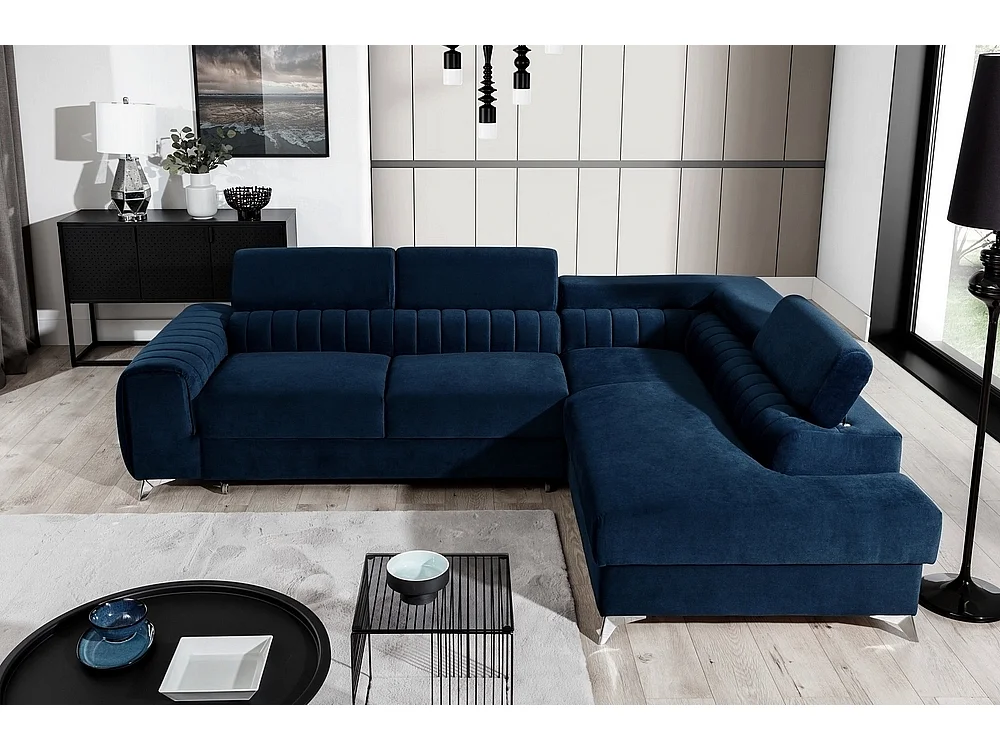Canapé d'angle convertible - LARRY VELOURS - en tissu Luxe bleu, 5 places, angle droit (vu de face)