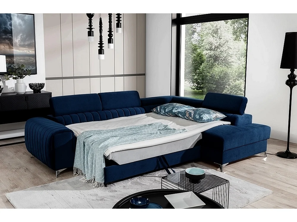 Canapé d'angle convertible - LARRY VELOURS - en tissu Luxe bleu, 5 places, angle droit (vu de face)