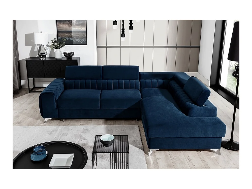 Canapé d'angle convertible - LARRY VELOURS - en tissu Luxe bleu, 5 places, angle droit (vu de face)
