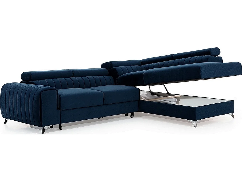 Canapé d'angle convertible - LARRY VELOURS - en tissu Luxe bleu, 5 places, angle droit (vu de face)