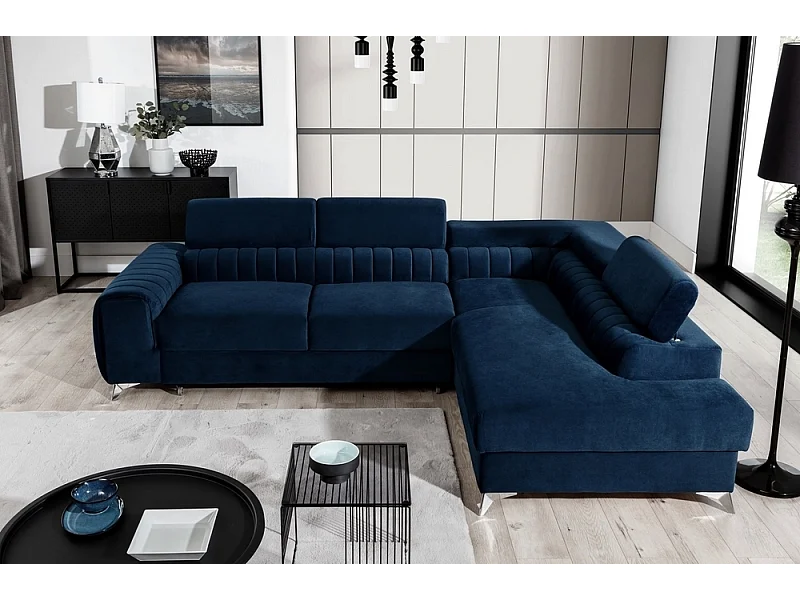 Canapé d'angle convertible - LARRY VELOURS - en tissu Luxe bleu, 5 places, angle droit (vu de face)