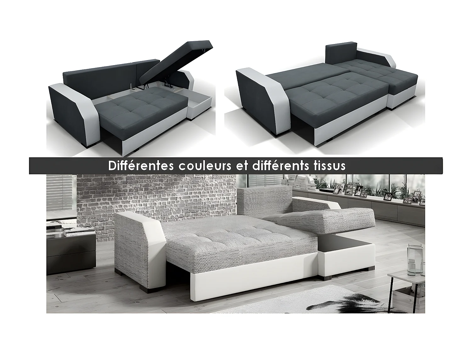 Canapé d'angle convertible - ARTE - en tissu de qualité - gris foncé et gris clair, 3/4 places, angle droit (vu de face)