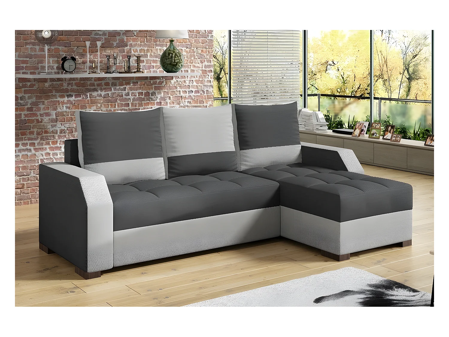 Canapé d'angle convertible - ARTE - en tissu de qualité - gris foncé et gris clair, 3/4 places, angle droit (vu de face)
