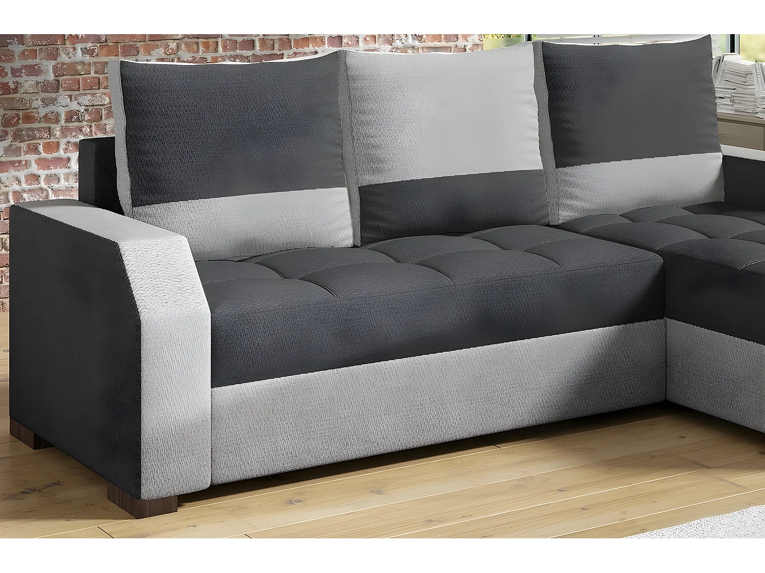 Canapé d'angle convertible - ARTE - en tissu de qualité - gris foncé et gris clair, 3/4 places, angle droit (vu de face)