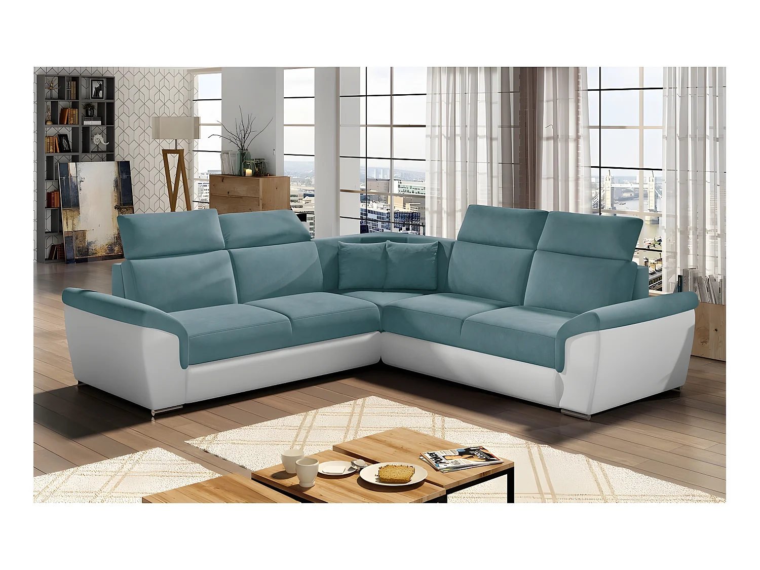 Canapé d'angle - convertible - FELIPE - en tissu bleu et simili cuir blanc, 5/6 places