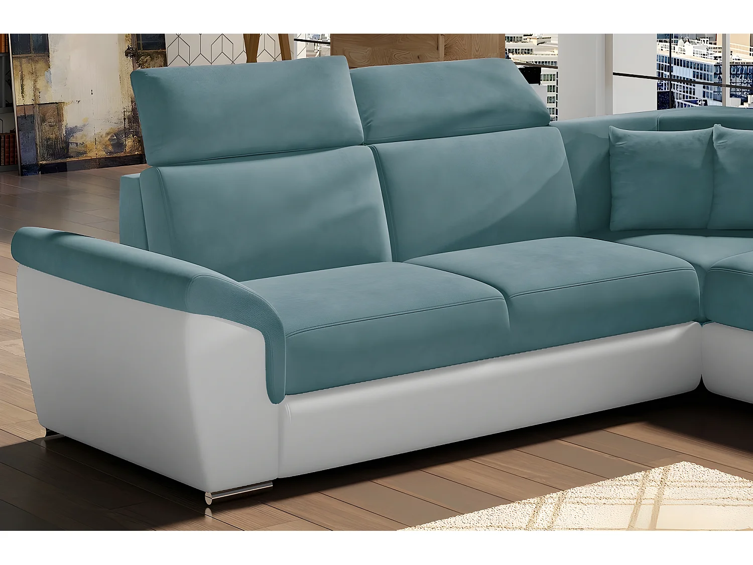 Canapé d'angle - convertible - FELIPE - en tissu bleu et simili cuir blanc, 5/6 places