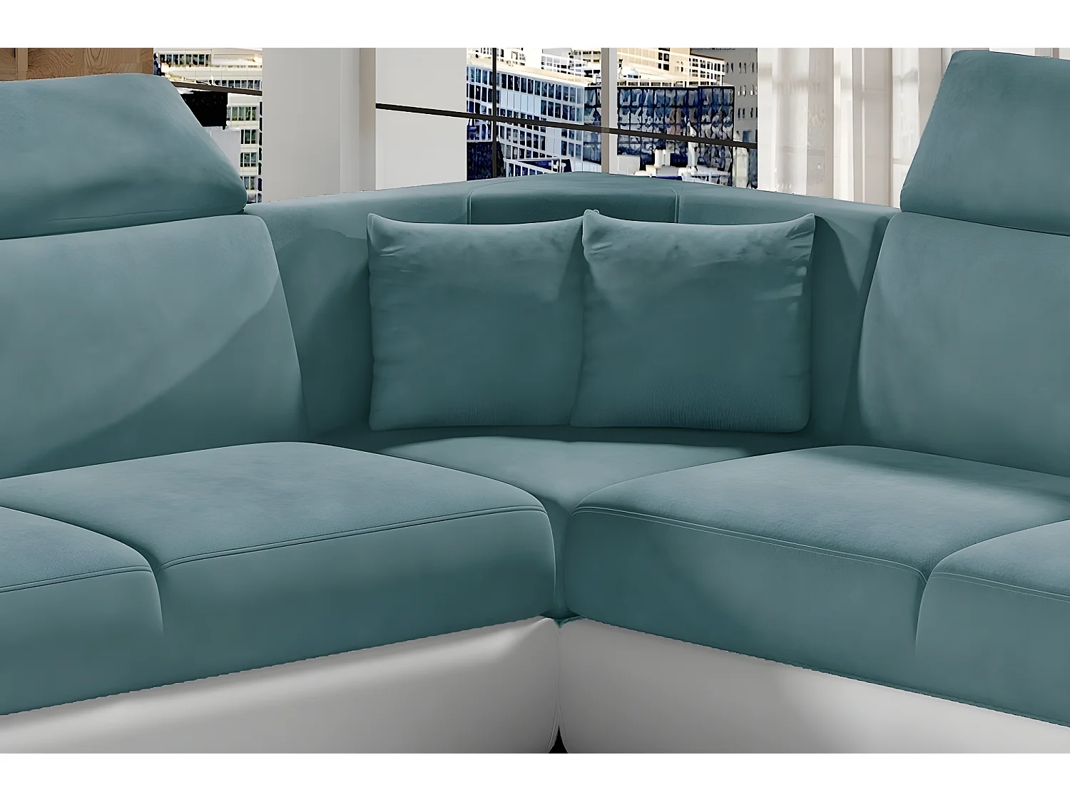 Canapé d'angle - convertible - FELIPE - en tissu bleu et simili cuir blanc, 5/6 places