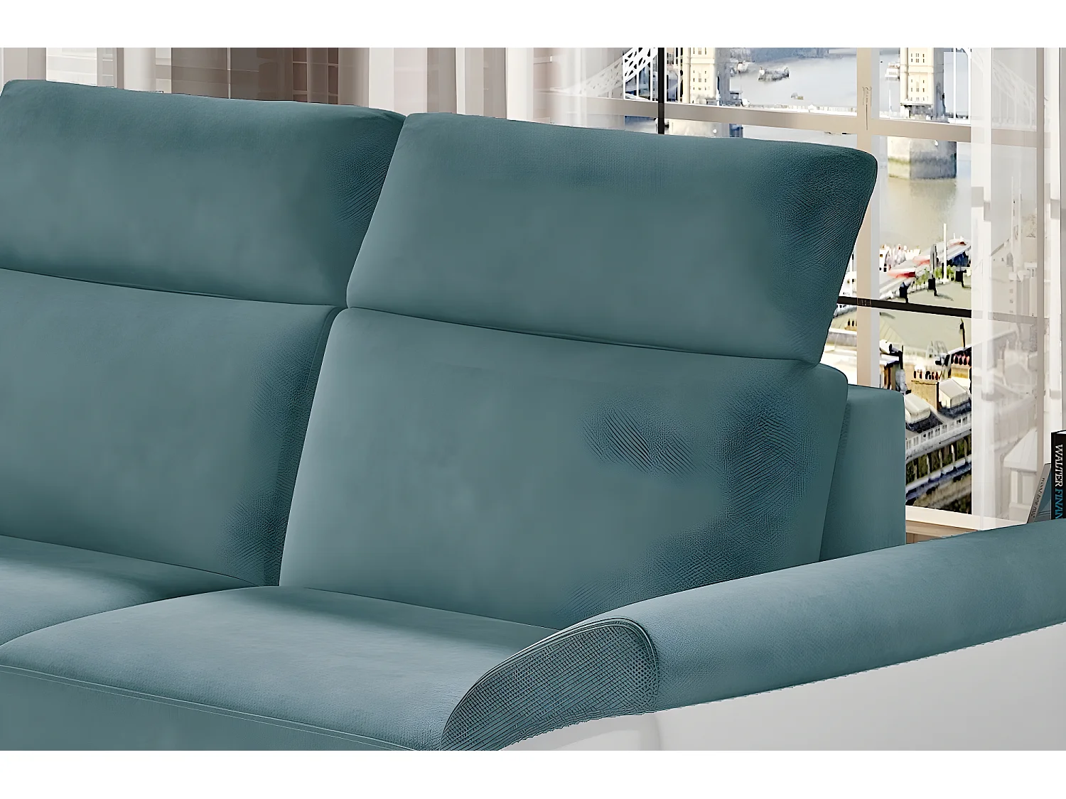 Canapé d'angle - convertible - FELIPE - en tissu bleu et simili cuir blanc, 5/6 places