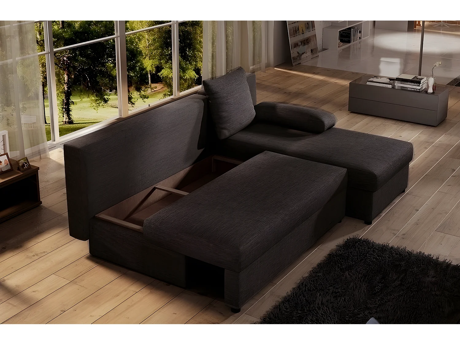 Canapé d'angle convertible - GILO - en tissu luxe 3/4 places, chocolat, angle droit (vu de face)