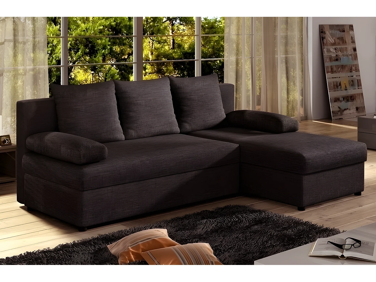 Canapé d'angle convertible - GILO - en tissu luxe 3/4 places, chocolat, angle droit (vu de face)