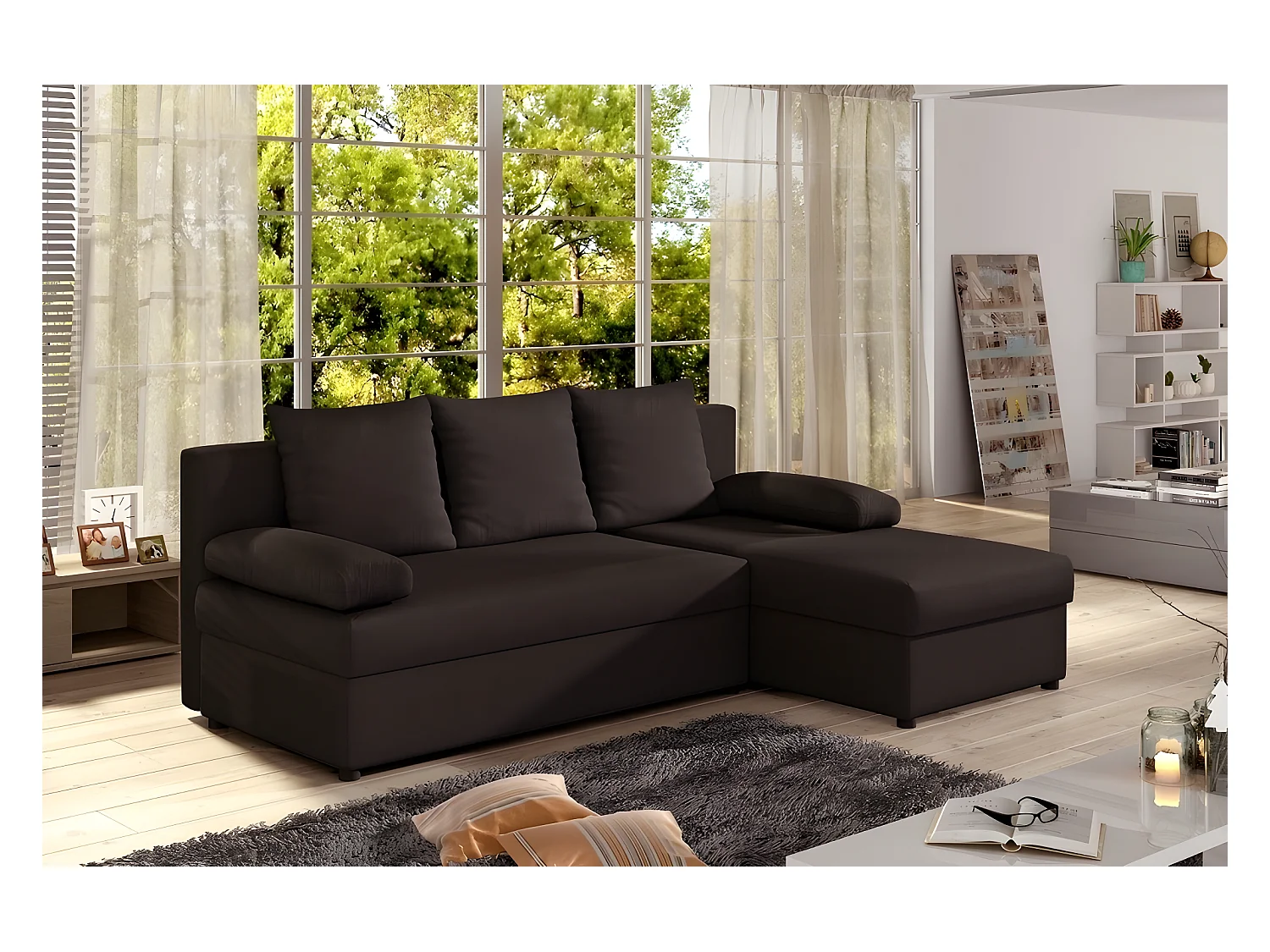 Canapé d'angle convertible - GILO - en tissu luxe 3/4 places, chocolat, angle droit (vu de face)