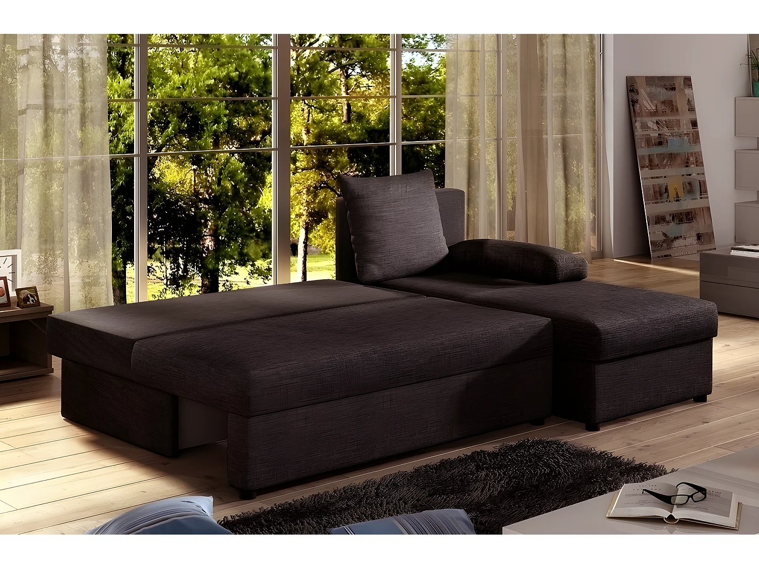 Canapé d'angle convertible - GILO - en tissu luxe 3/4 places, chocolat, angle droit (vu de face)