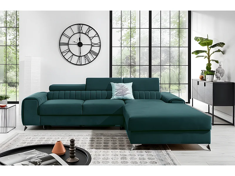 Canapé d'angle convertible en tissu velours Luxe vert, 5 places, angle droit (vu de face) - GRECE VELOURS