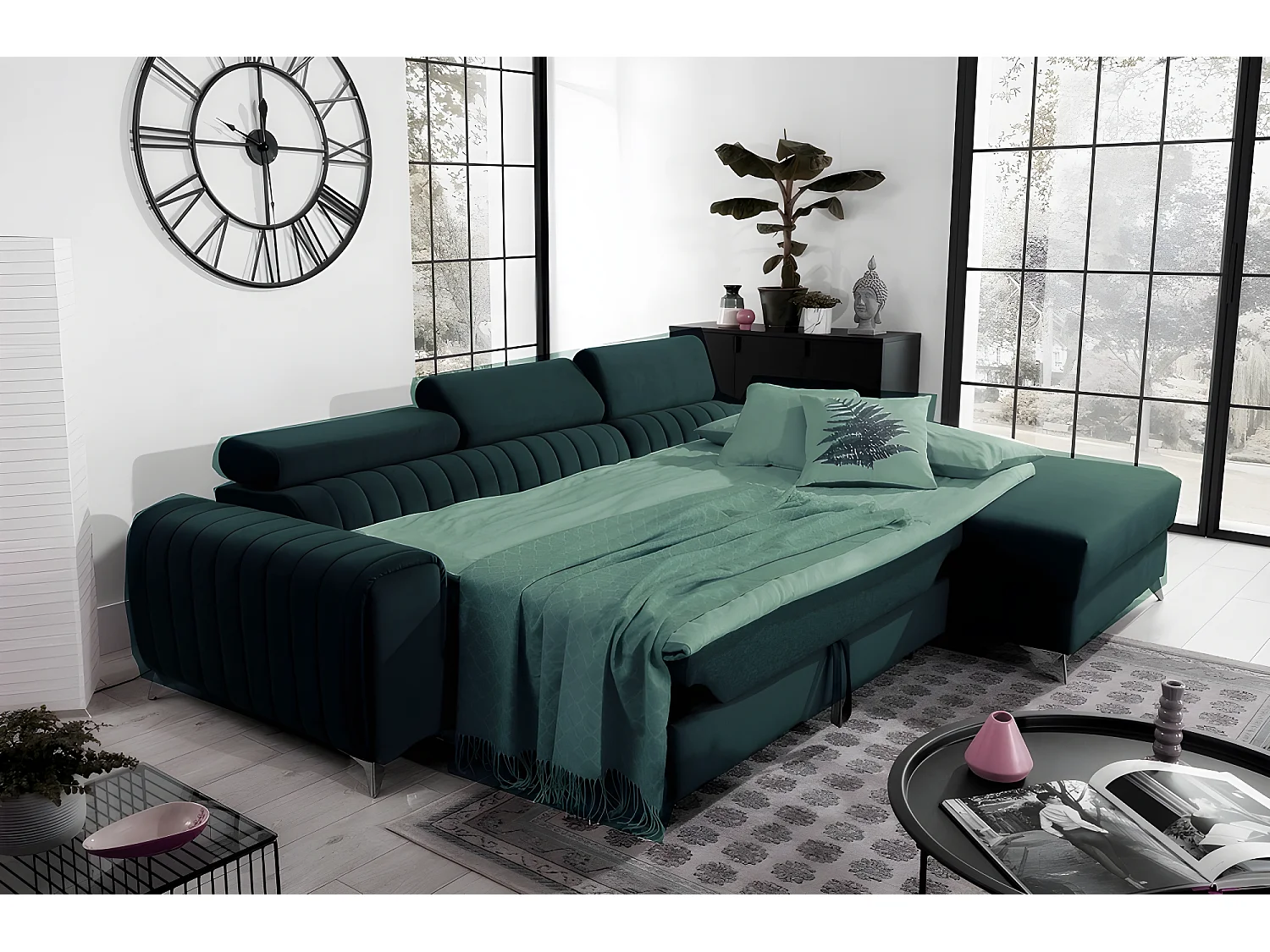 Canapé d'angle convertible en tissu velours Luxe vert, 5 places, angle droit (vu de face) - GRECE VELOURS