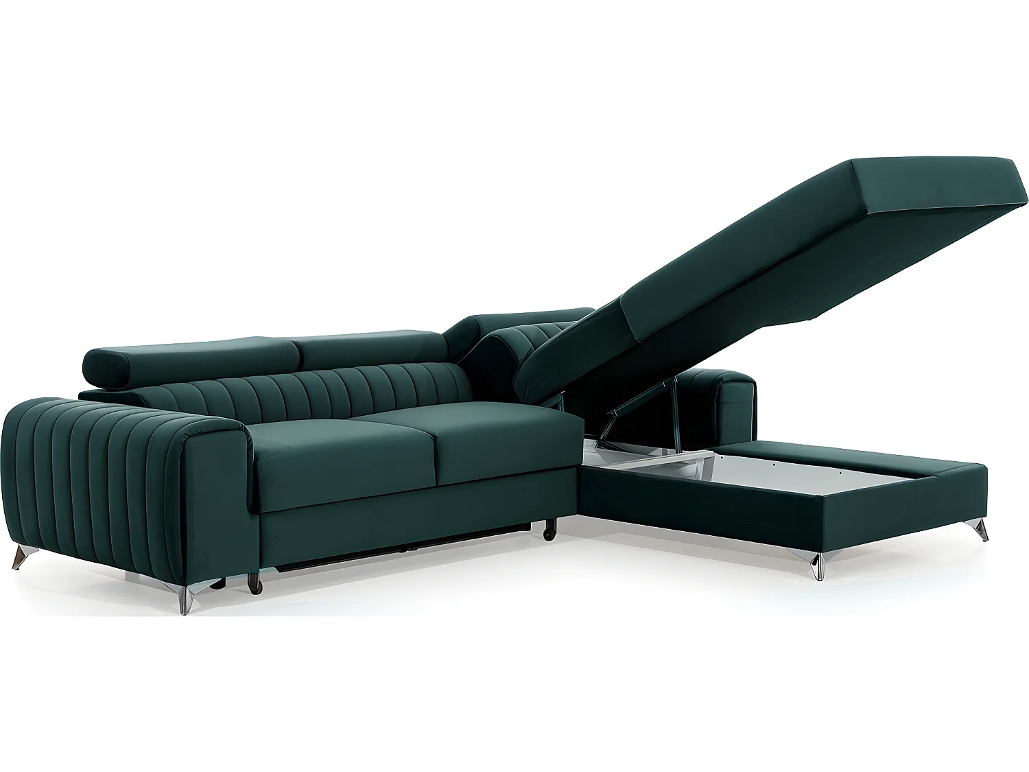 Canapé d'angle convertible en tissu velours Luxe vert, 5 places, angle droit (vu de face) - GRECE VELOURS