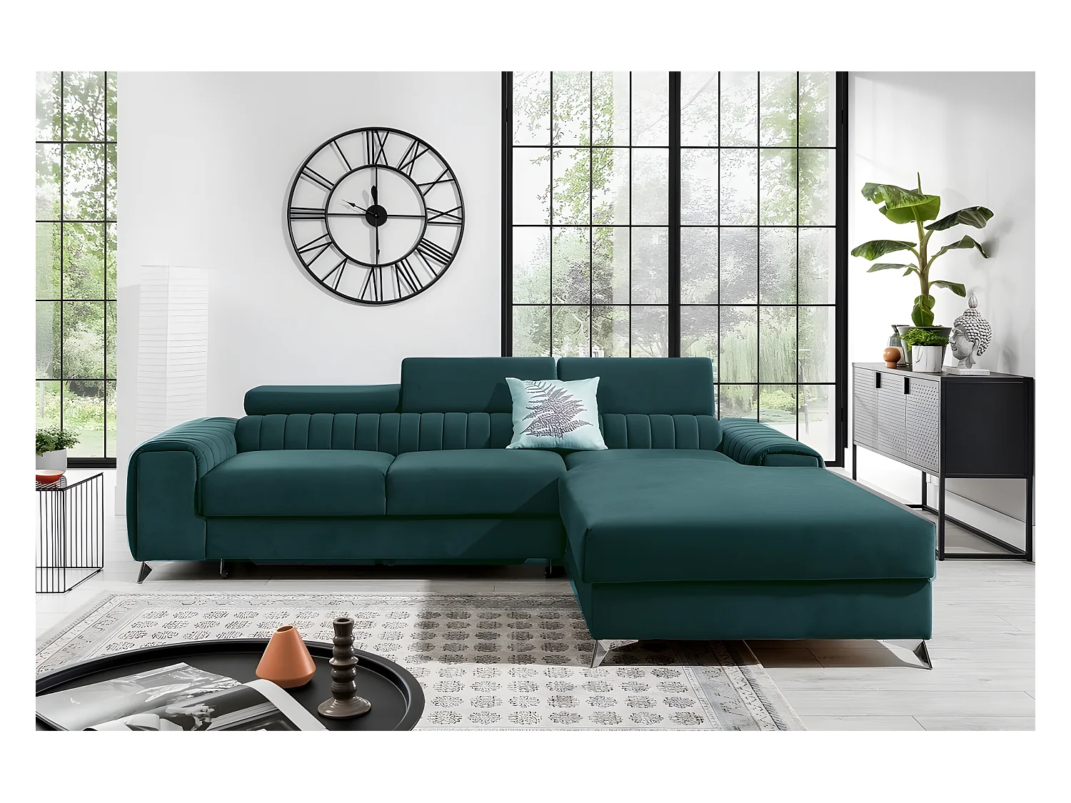 Canapé d'angle convertible en tissu velours Luxe vert, 5 places, angle droit (vu de face) - GRECE VELOURS